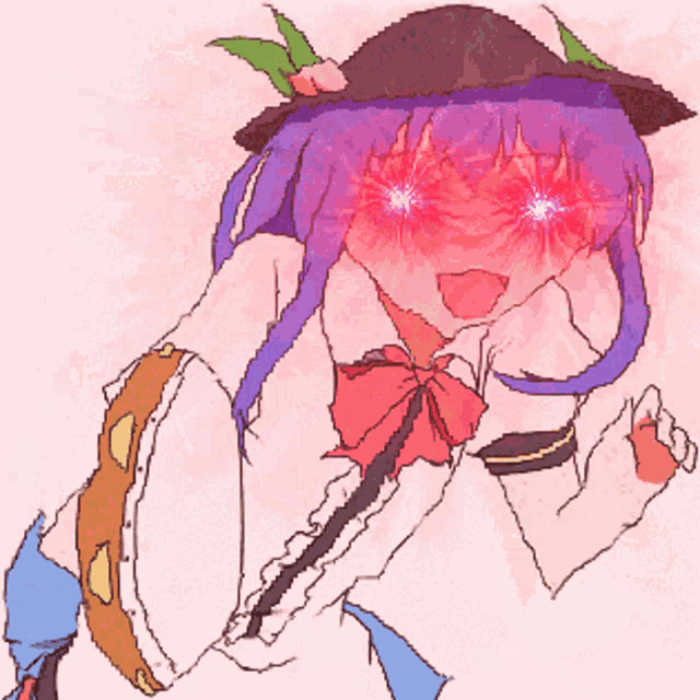 a drawing of a girl with red eyes and purple hair