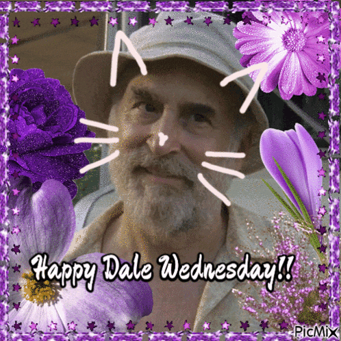 a happy dale wednesday greeting card with purple flowers