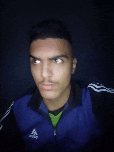 a man wearing a blue adidas jacket looks at the camera