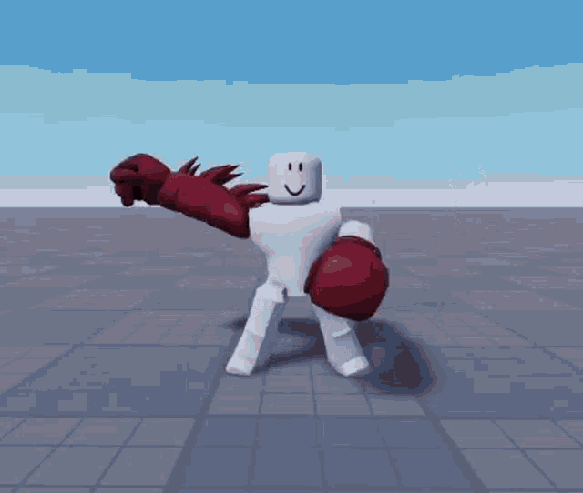 a roblox character is walking on a tiled floor with blood coming out of his arms .