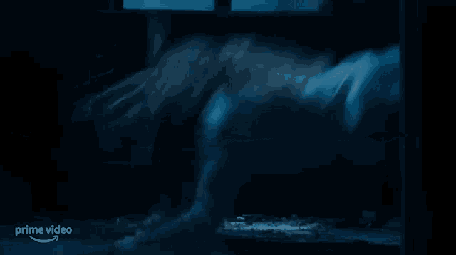 a woman is laying on the ground in a dark room with a prime video arrow in the corner