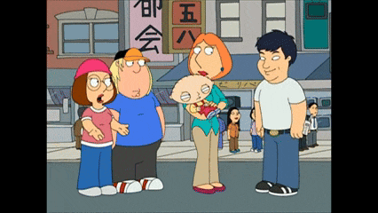 a group of cartoon characters standing in front of a sign that says ' chinese '