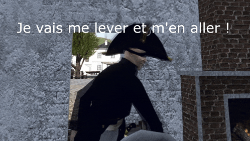 a man in a napoleon hat stands in front of a brick wall with the words je vais me lever