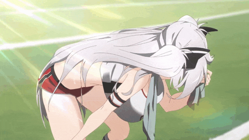 a girl with long white hair is kneeling down on the grass
