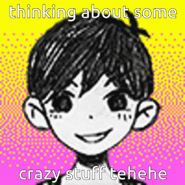 a black and white drawing of a boy with the words thinking about some crazy stuff tehehe