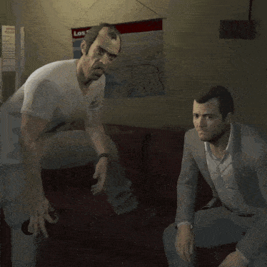 two men sitting on a couch with the words " the big one " on the bottom