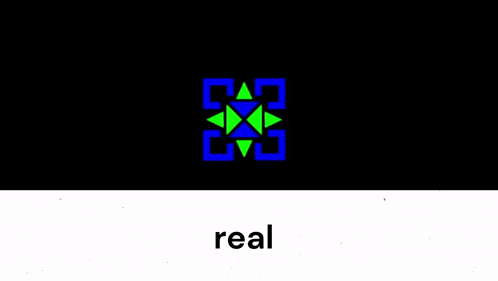 a black background with a blue and green geometric pattern and the word real in the corner .
