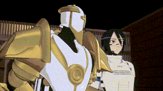a cartoon drawing of a robot and a girl