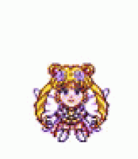 a pixel art of a girl in a pink circle with a butterfly on her head .