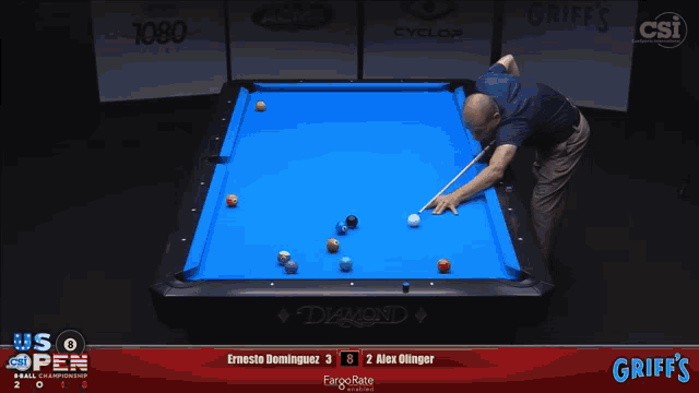 a pool table with a score of 3 to 2 on it