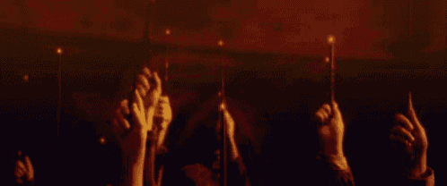 a crowd of people are holding up their wands in the air