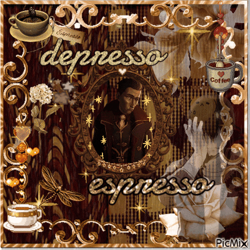 a picture of a man and a cup of coffee with the words depresso espresso on it