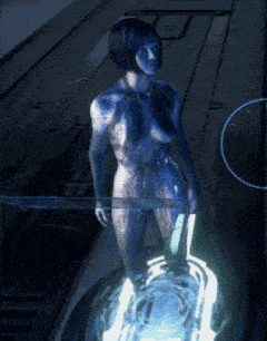 a naked woman stands in a dark room with a blue light behind her