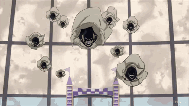 a bunch of cartoon characters are flying in the sky
