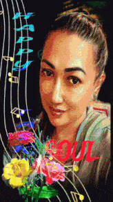 a woman 's face is surrounded by music notes and flowers and the word soul is on the bottom