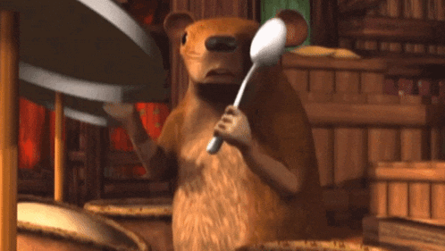 a cartoon mouse is standing in front of a table with a bookshelf in the background