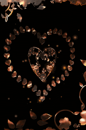 a heart surrounded by smaller hearts and leaves on a black background
