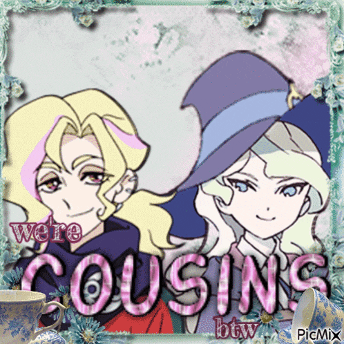 a picture of two anime characters with the words " we 're cousins "