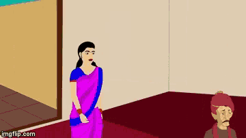 a cartoon of a woman in a purple saree standing next to a man