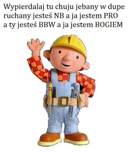 a picture of bob the builder waving with a foreign language caption