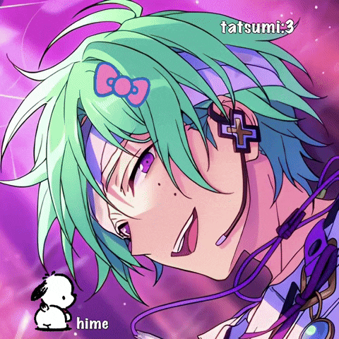 a drawing of a boy with green hair and headphones with the name tatsumi on it