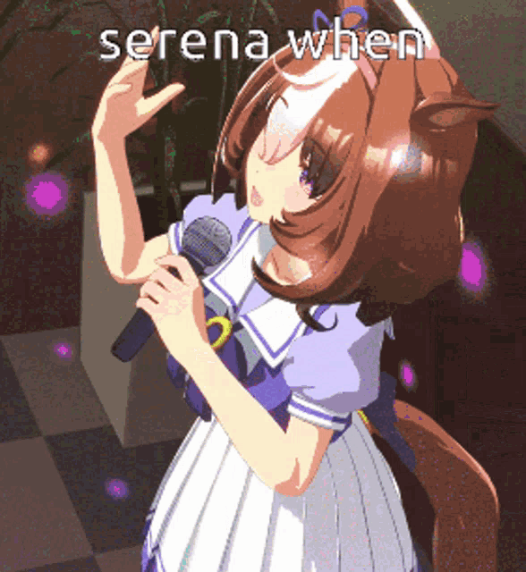 an anime girl singing into a microphone with the words serena when written above her