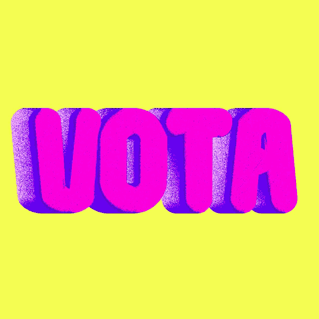 a yellow background with purple letters that spell out the word vota