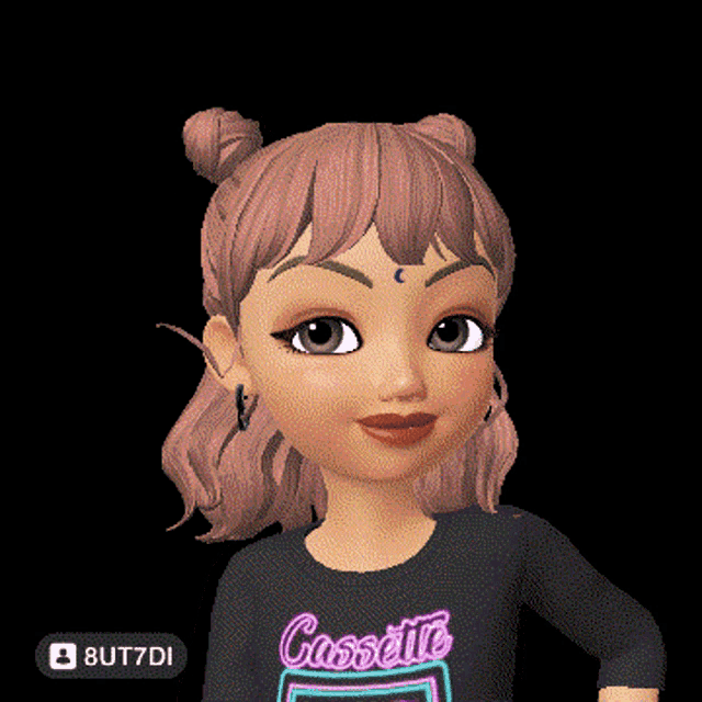 a cartoon girl with pink hair is covering her mouth with her hand while wearing a black shirt that says 8ut7di