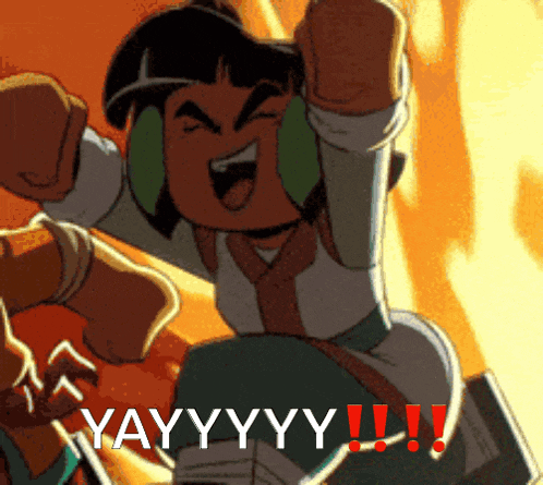 a cartoon of a boy with his arms in the air saying yayyyyy