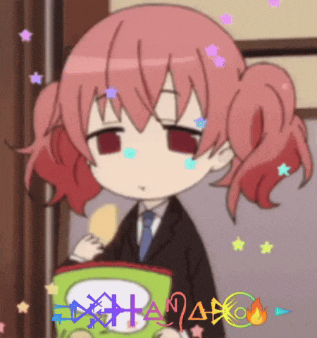 a girl with pink hair is holding a bag of chips and the word hanako is on the bottom