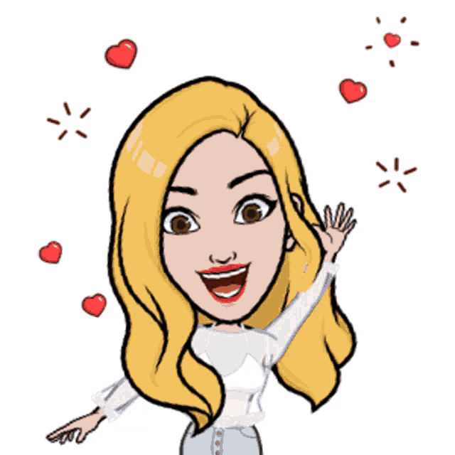 a cartoon of a woman with her arms outstretched surrounded by hearts