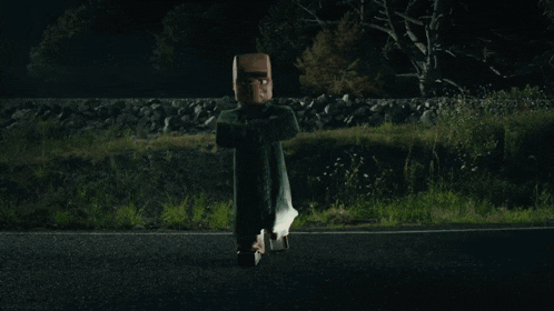 a car is driving down a road at night and a person is flying through the air