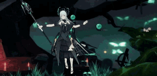 a girl in a black dress is holding a cane in a dark room