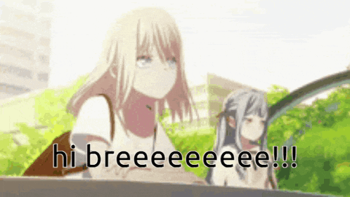 a couple of anime girls are sitting in a car with the words hi breeeeeee !!! written on it .