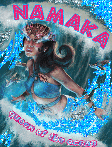 a painting of a mermaid with the words namaka queen of the ocean on the bottom