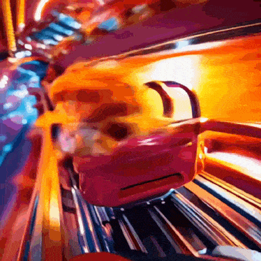 a painting of a roller coaster with a red car on it