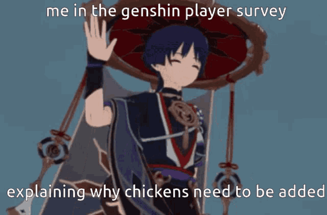 a cartoon character with the caption " me in the genshin player survey "