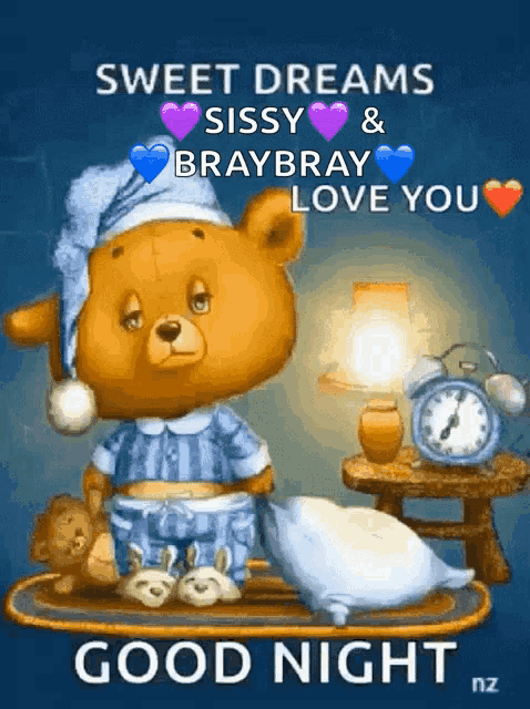 a teddy bear in pajamas is sitting on a tray with a clock and a pillow