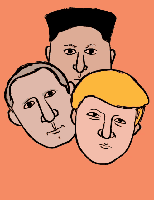 a drawing of three men 's faces including donald trump and kim jong un