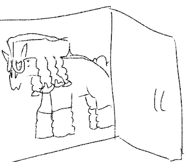 a black and white drawing of a horse standing in a corner .