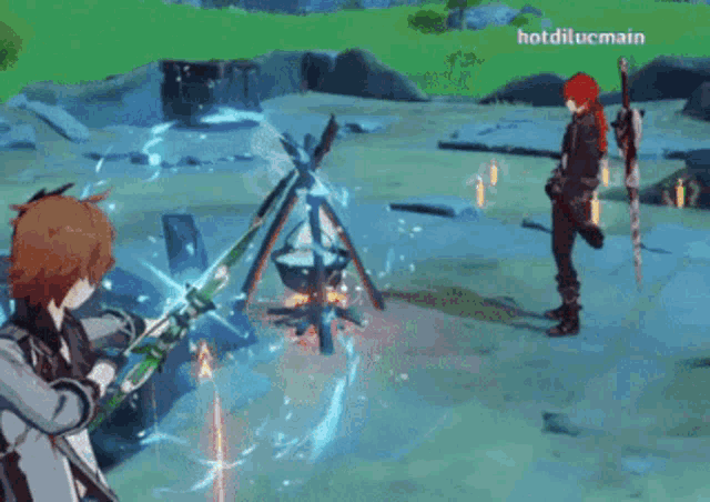 a person is holding a sword in a video game while another person is holding a sword .