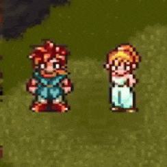 a pixel art of a boy and a girl standing next to each other in a field .