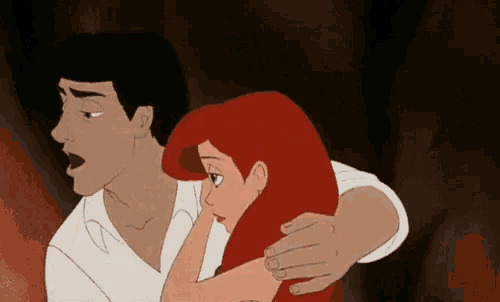 a man is hugging a woman in a cartoon .