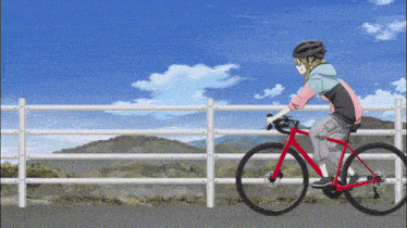 a person wearing a helmet is riding a bike on a road