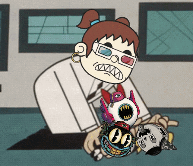 a cartoon of a girl wearing 3d glasses holding a cartoon character with the letter r on it