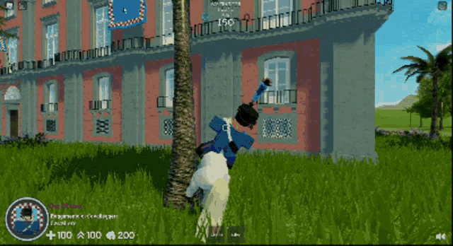 a screenshot of a video game shows a man riding a white horse