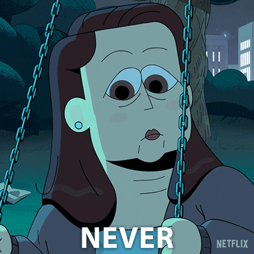a cartoon of a woman sitting on a swing with the words " never " above her