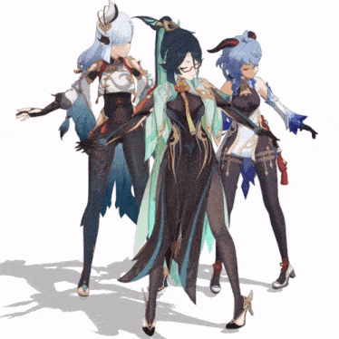 three anime characters standing next to each other with one wearing glasses