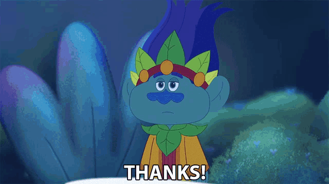 a cartoon troll says " thanks " in front of some trees