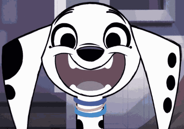 a dalmatian dog is smiling and wearing a blue bracelet